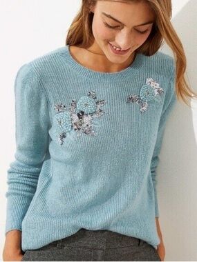 Ann Taylor LOFT Embellished Sequin Floral Puff Shoulder Sweater
